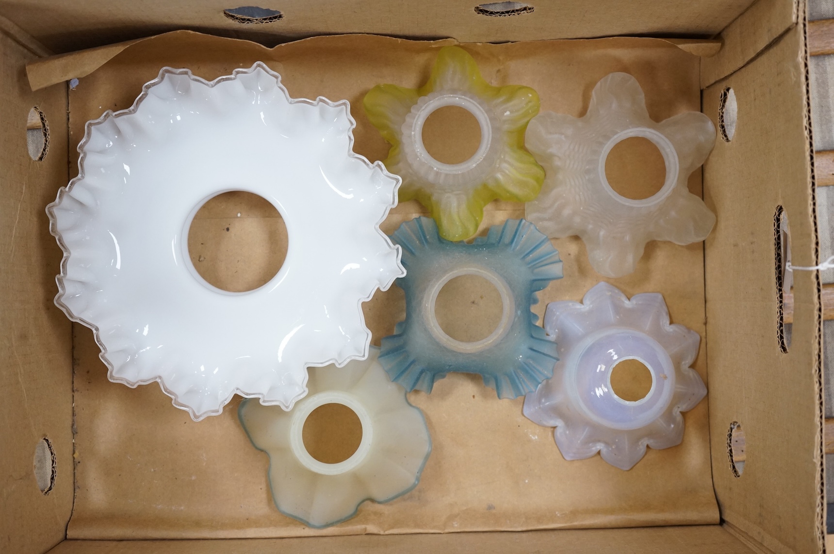 Six various late 19th early 20th century coloured glass light shades, largest 24cm diameter
